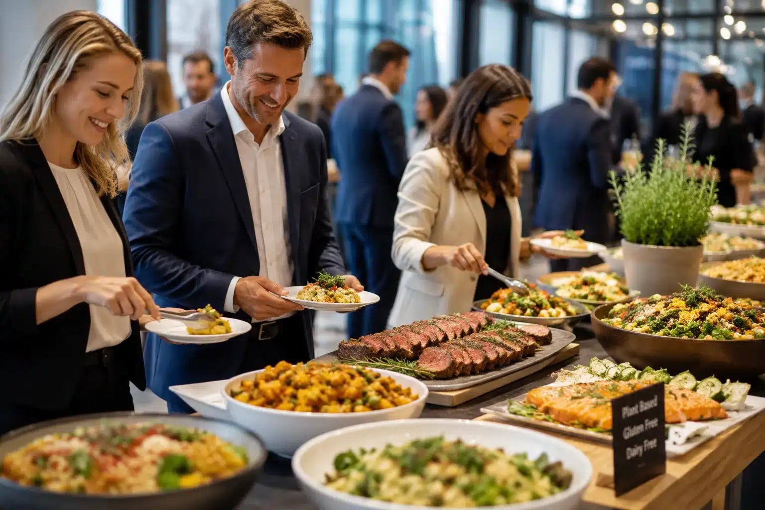 Corporate event dietary requirements catered for at a professional business event, with guests selecting from a diverse buffet featuring vegetarian, vegan, fish, meat and allergy-conscious menu options.