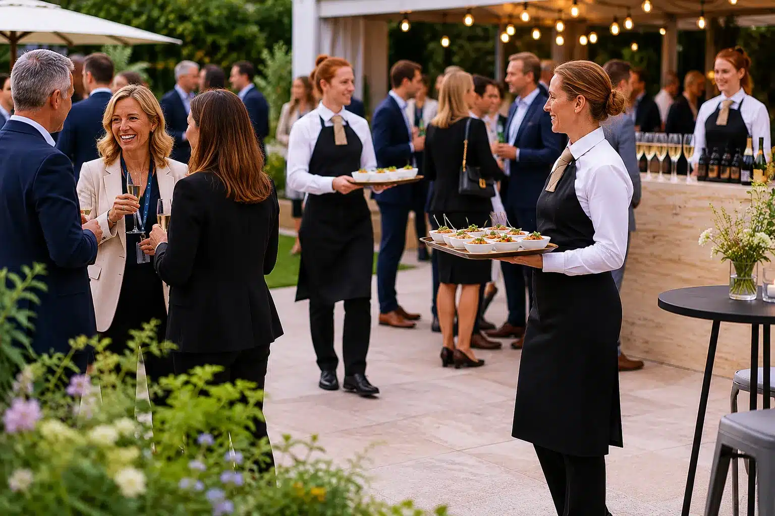A vibrant outdoor corporate event with guests enjoying food and drinks served by waiting staff